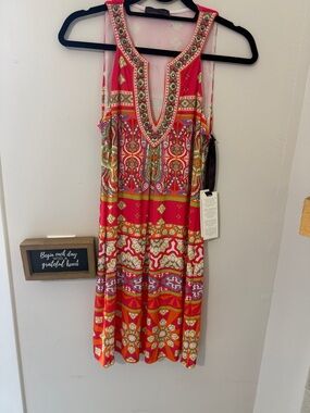 Hale Bob Pink Multicolor Printed V-Neck Midi Dress